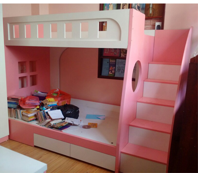 Giường tầng gỗ mdf màu hồng và trắng